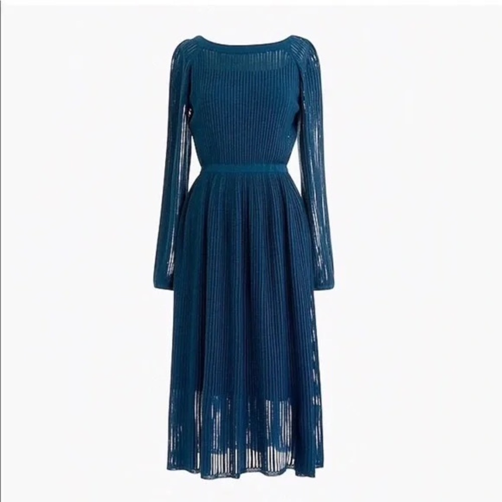J. Crew Teal Pleated Long-Sleeve Midi Dress